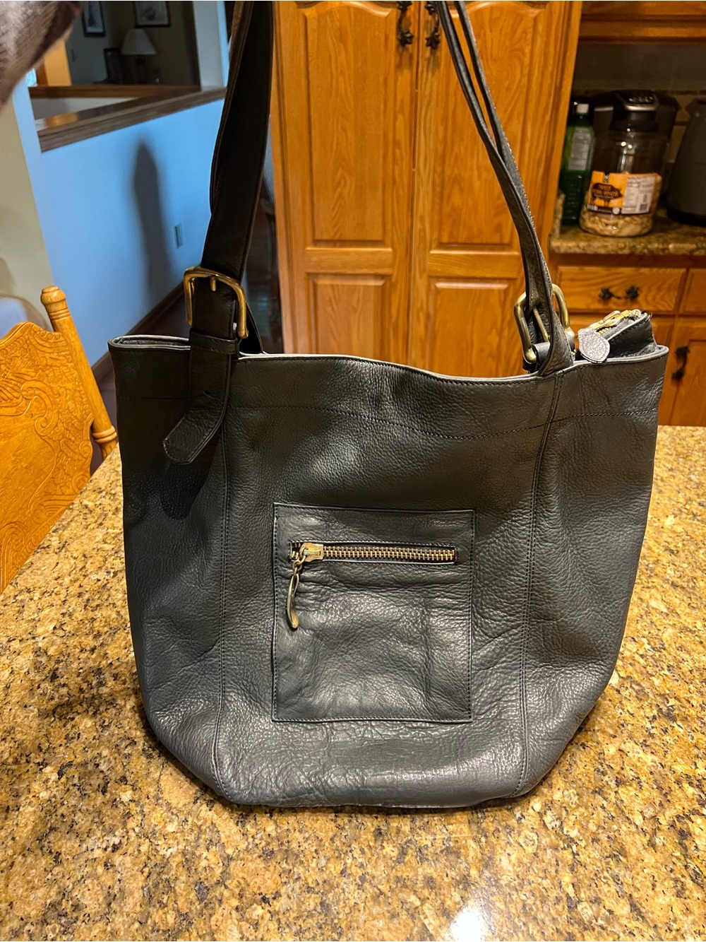 Sabina Women's Black Leather Tote Bag with Front Zip Pocket